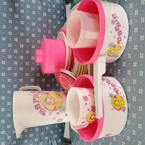 LOT of 15 Barbie Dishes Plates Platter Pitcher Cups Pans + Cute Compact Mirror